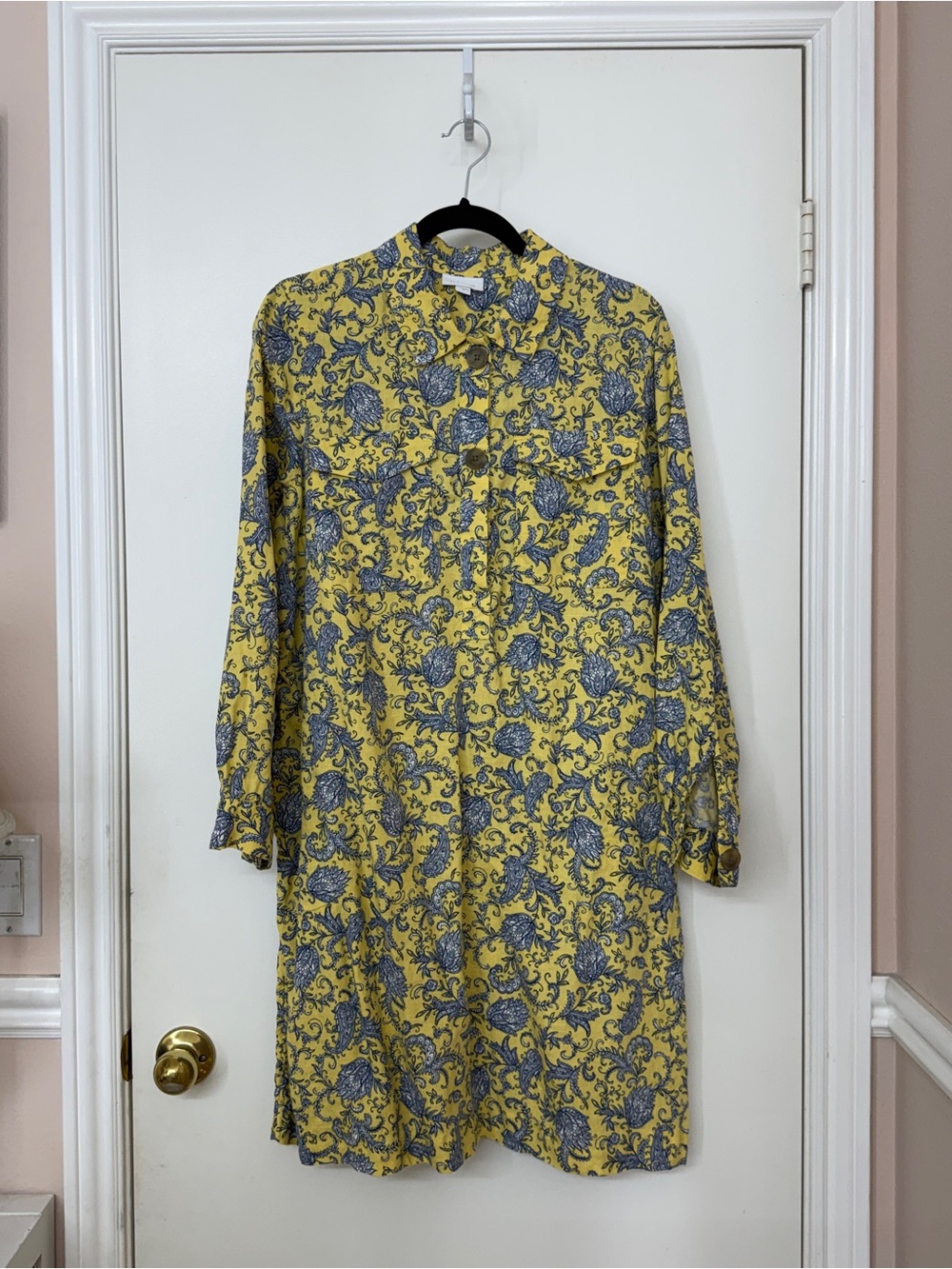 J.Jill Womens Linen Shirt Dress Size M Fits Like L Yellow Navy Floral Paisley
